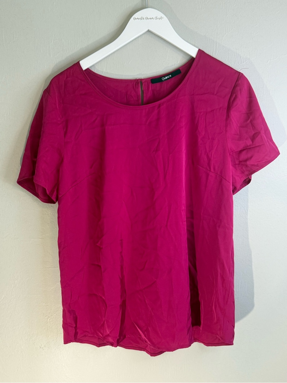 QUINCE Women’s Fuschia Pink WASHABLE STRETCH SILK Short Sleeve Blouse Size L